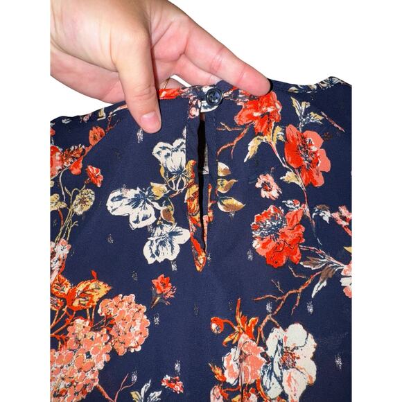 Moa Moa Women’s Floral Blouse Navy Blue Red Long Sleeve Tie Cuffs Size Medium - Picture 8 of 8